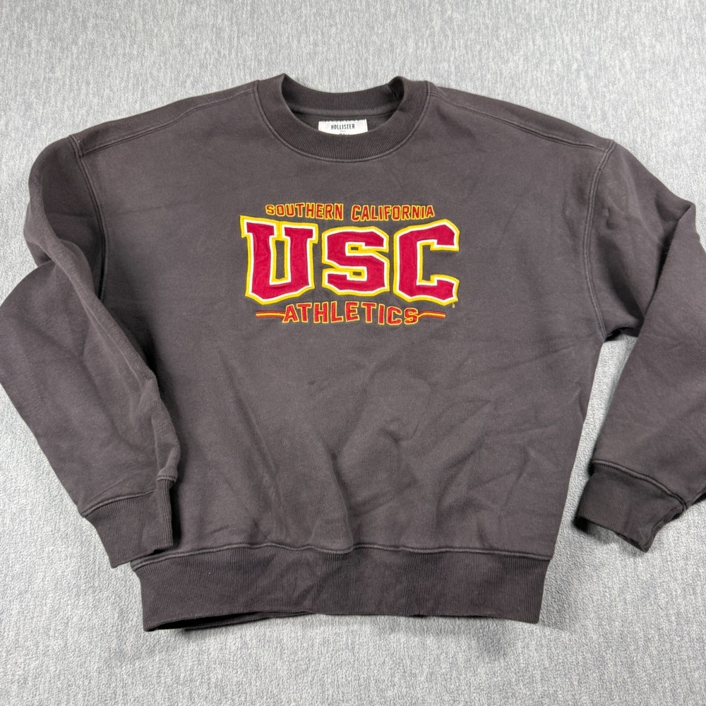 Hollister Sweatshirt Women XS Gray Boxy Fit USC Athletics Embroidered Crewneck